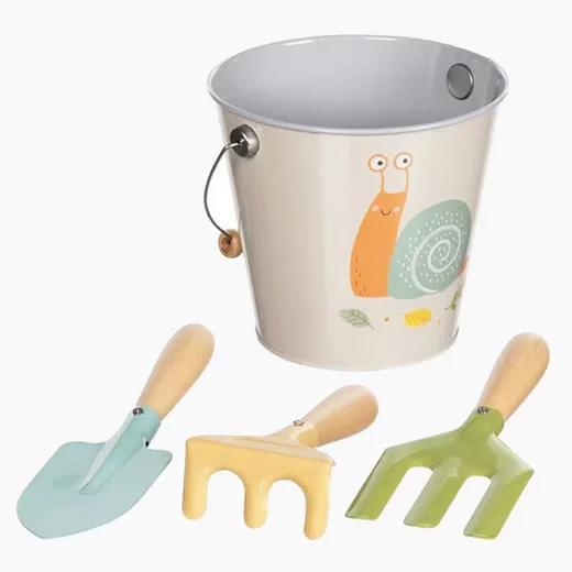 Goki Spielzeug Gartenset mit Eimer und Gartenwerkzeug Motiv Schnecke
