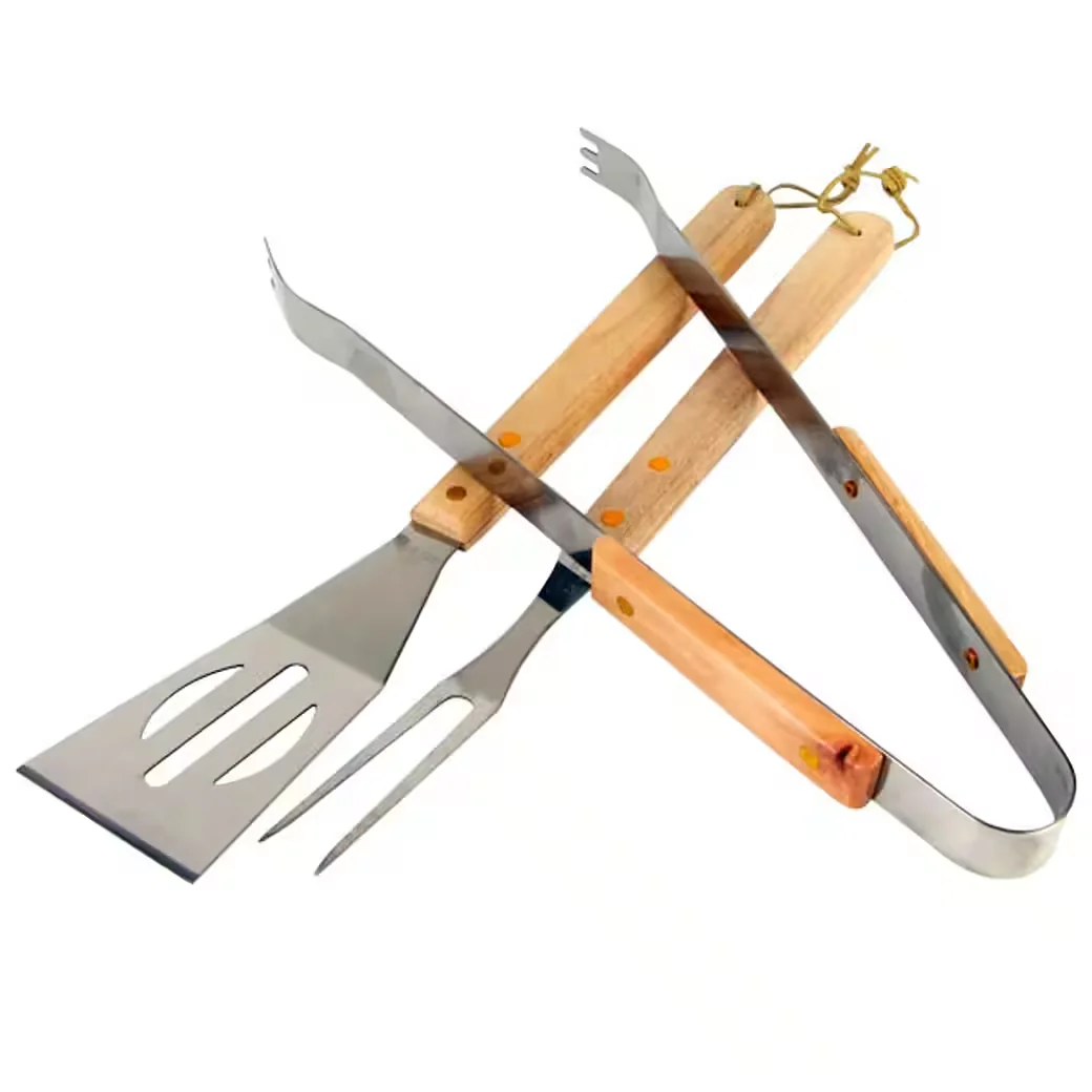 Buri Grillbesteck Set 3-teilig Edelstahl Holzgriff Zange Wender