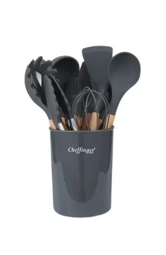 CHEFFINGER Kochbesteck Set 12-tlg Küchenhelfer Silikon Holzgriff